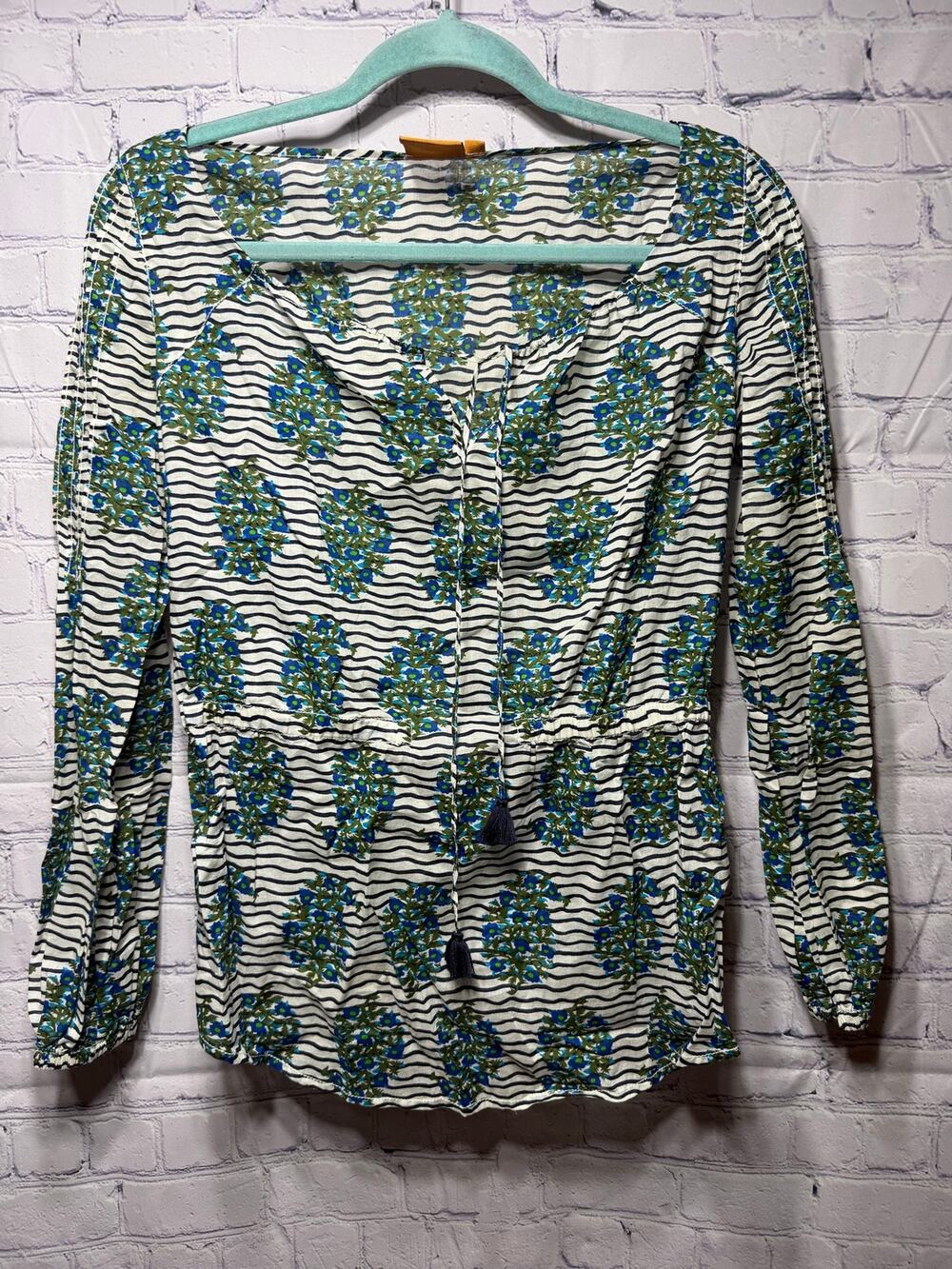 Tory Burch Womens Striped & Floral Long Sleeve Top Sz 0 Luxury